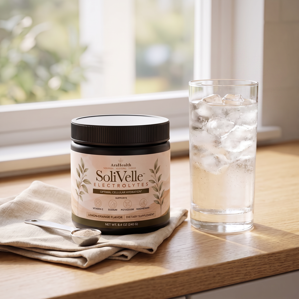 SoliVelle electrolyte powder mixed into a glass of water