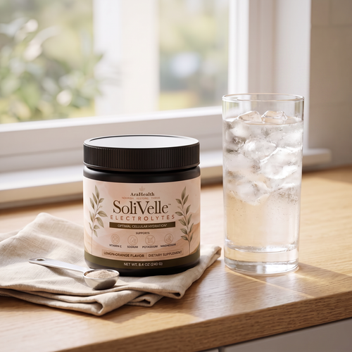 SoliVelle electrolyte powder mixed into a glass of water