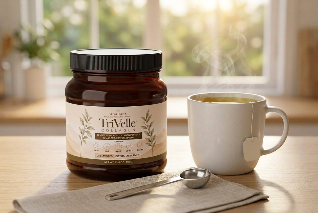 TriVelle collagen powder stirred into a cup of tea
