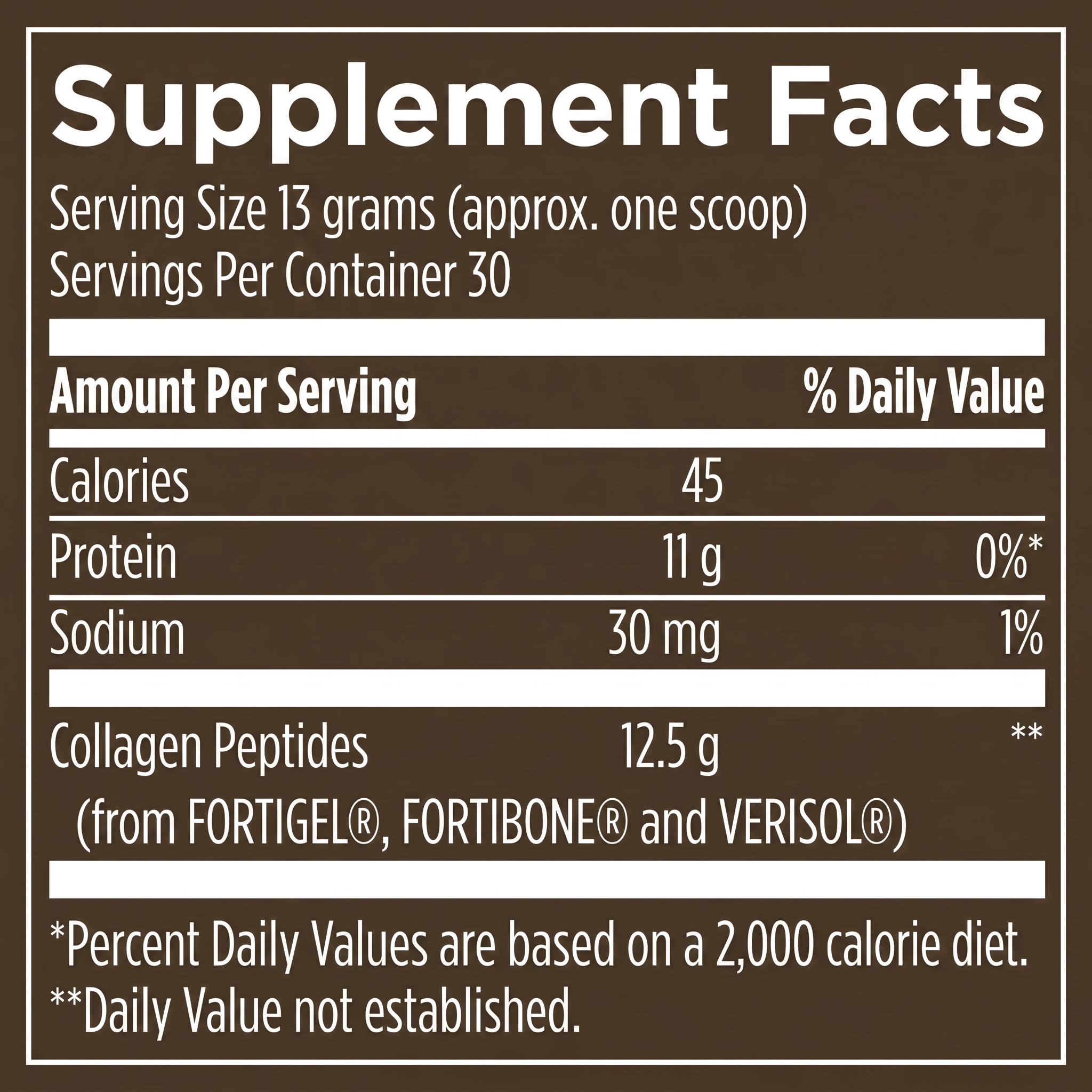 Supplement facts label for TriVelle collagen peptides